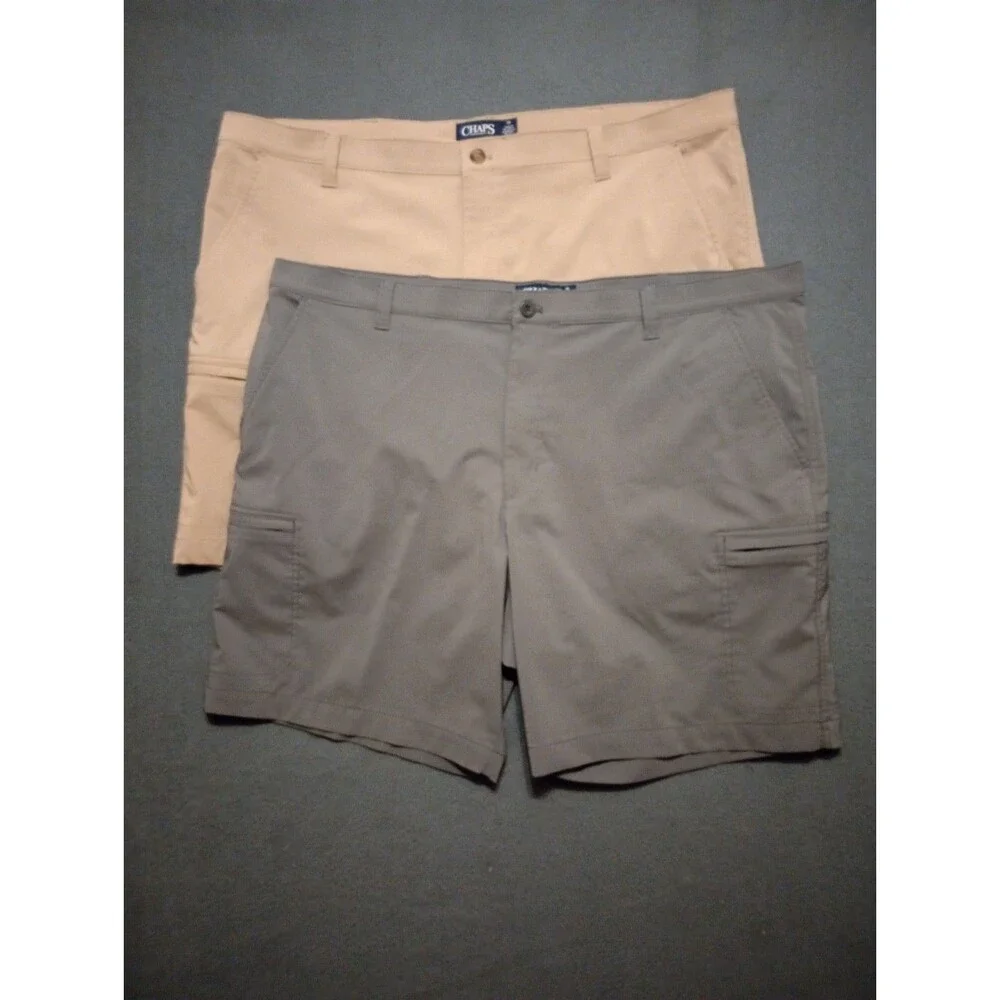 Lot Of 2 Chaps Stretch Shorts Mens 46 Beige / Blue Flat Front Classic Golf Core